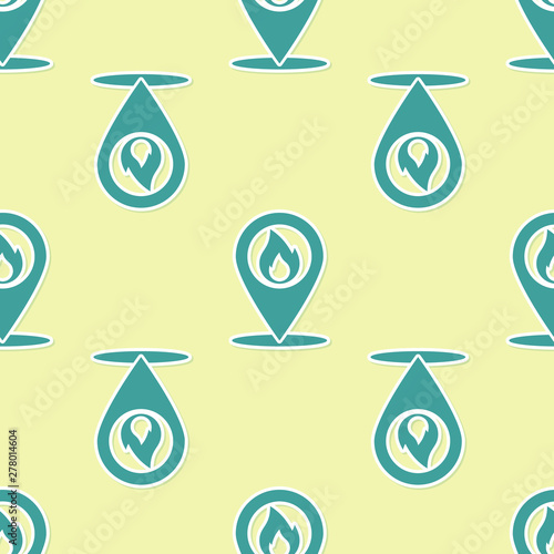 Green Map pointer with fire flame icon isolated seamless pattern on yellow background. Fire nearby. Vector Illustration