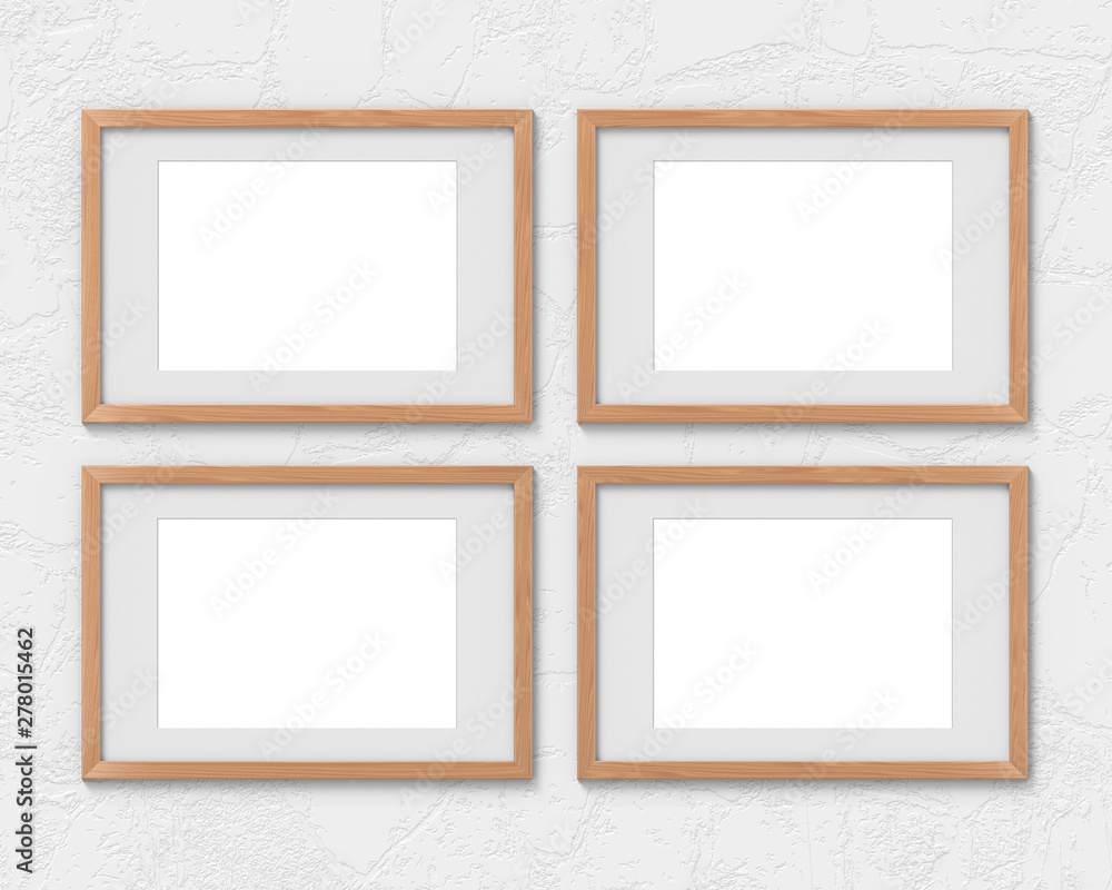 Set of 4 horizontal wooden frames mockup with a border hanging on the wall. Empty base for picture or text. 3D rendering. Set of 4 horizontal wooden frames mockup with a border hanging on the wall. Empty base for picture or text. 3D rendering.