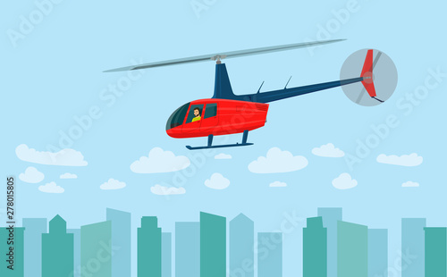 Helicopter over the city. Side view. Man inside. Vector flat style illustration