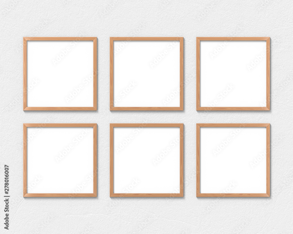 Set of 6 square wooden frames mockup hanging on the wall. Empty base for picture or text. 3D rendering. Set of 6 square wooden frames mockup hanging on the wall. Empty base for picture or text. 3D rendering.