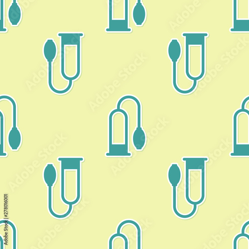 Green Penis pump icon isolated seamless pattern on yellow background. Penis enlarger. Sex toy for men. Vacuum pump with a blower to increase the penis. Vector Illustration