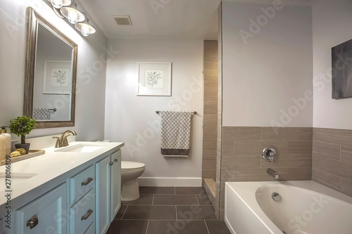 Bathroom interior with a bathtub in front of thee vanity area and mirror