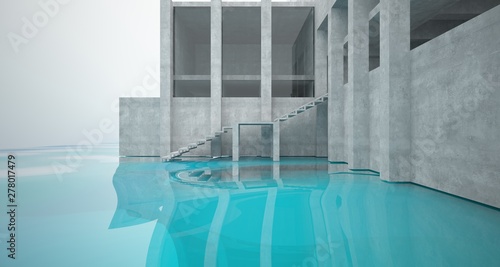 Abstract architectural concrete interior of a minimalist house standing in the water. 3D illustration and rendering.