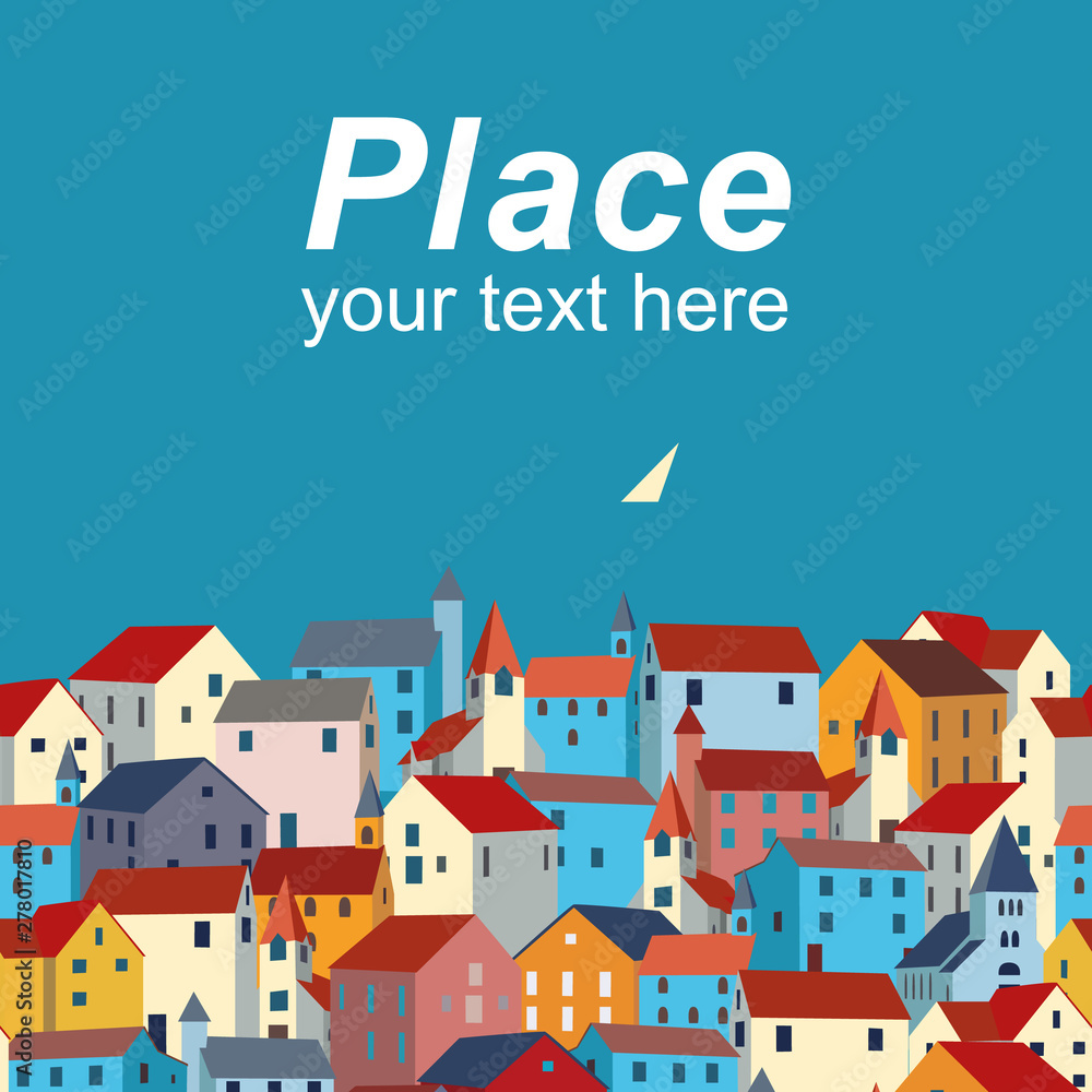 Template with sea, colorful houses and sample text.