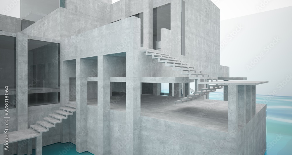 Abstract architectural concrete interior of a minimalist house standing in the water. 3D illustration and rendering. Abstract architectural concrete interior of a minimalist house standing in the water. 3D illustration and rendering.