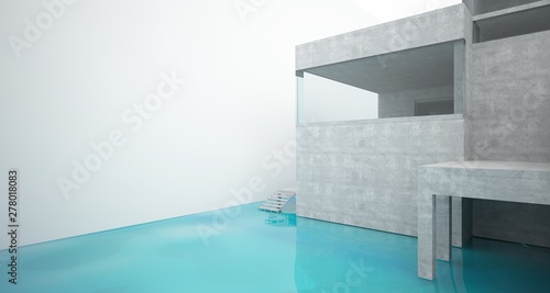 Abstract architectural concrete interior of a minimalist house standing in the water. 3D illustration and rendering.