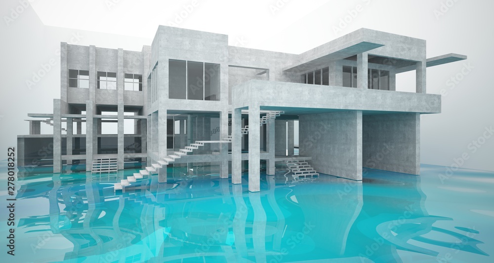 Fototapeta premium Abstract architectural concrete interior of a minimalist house standing in the water. 3D illustration and rendering.