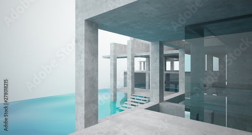 Abstract architectural concrete interior of a minimalist house standing in the water. 3D illustration and rendering. © SERGEYMANSUROV
