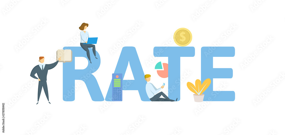 RATE. Concept with people, letters and icons. Colored flat vector illustration. Isolated on white background.