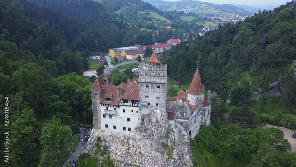 Aerial view of Bran Castle, Mystic place, Medieval castle, also known as Dracula castle, in Brasov, Transylvania Aerial view of Bran Castle, Mystic place, Medieval castle, also known as Dracula castle, in Brasov, Transylvania