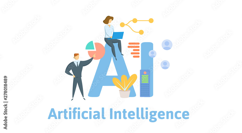 AI, artificial intelligence. Concept with people, letters and icons. Colored flat vector illustration. Isolated on white background.