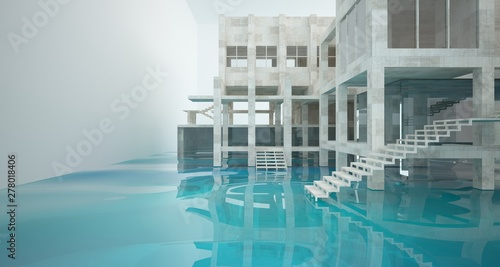 Abstract architectural concrete interior of a minimalist house standing in the water. 3D illustration and rendering.