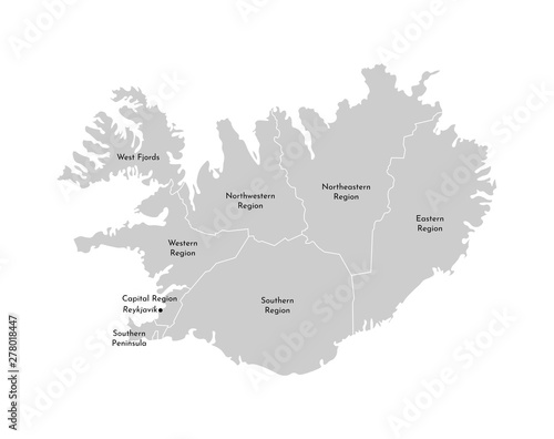 Vector isolated illustration of simplified administrative map of Iceland. Borders and names of the provinces  regions . Grey silhouettes. White outline