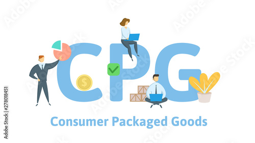 CPG, Consumer Packaged Goods. Concept with people, letters and icons. Colored flat vector illustration. Isolated on white background.