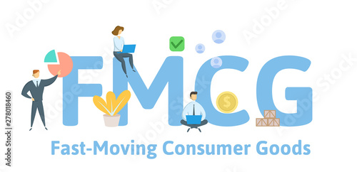 FMCG, Fast Moving Consumer Goods. Concept with people, letters and icons. Colored flat vector illustration. Isolated on white background.