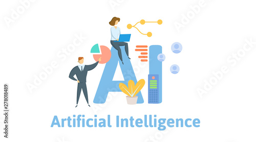 AI, artificial intelligence. Concept with people, letters and icons. Colored flat vector illustration. Isolated on white background.