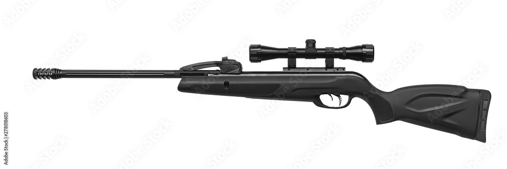 Air rifle with a telescopic sight isolate on a white background. Pneumatic gun. Sports air rifle for accurate aiming shooting.