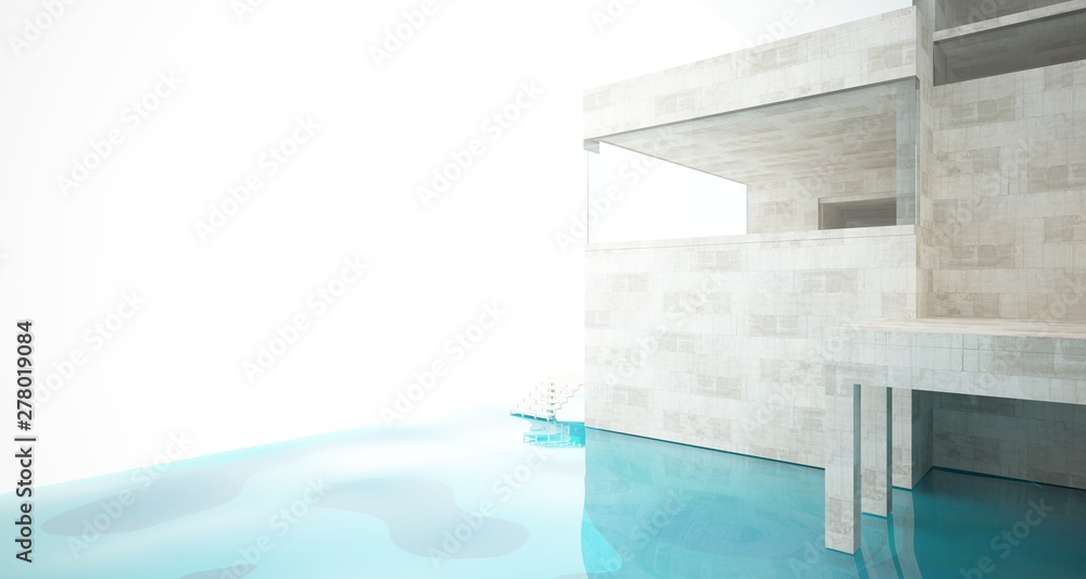 Fototapeta premium Abstract architectural concrete interior of a minimalist house standing in the water. 3D illustration and rendering.