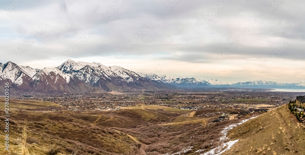 Panoramic view of snow capped mountain towering over the lake and valley