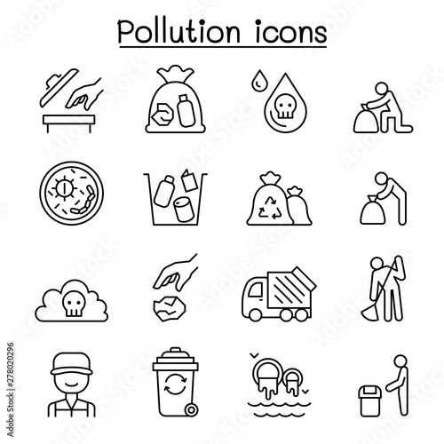 Pollution icon set in thin line style