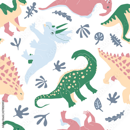 Fototapeta Naklejka Na Ścianę i Meble -  Cute herbivorous dinosaur seamless pattern. Dino flat handdrawn clipart. Prehistoric animals. Cartoon illustration for textile, wrapping, wallpapers for kids