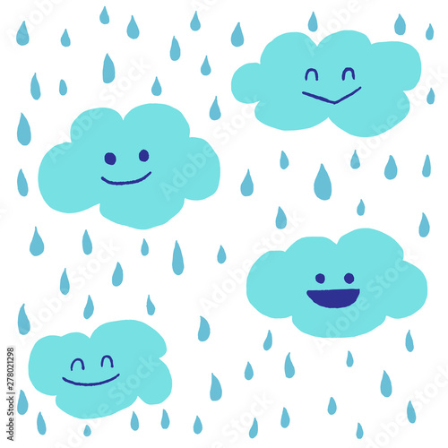 Hand drawn clouds and falling rain.Cloud with rain droplets on raining day.Rain drop background template. Rainy season. Vector EPS 10.