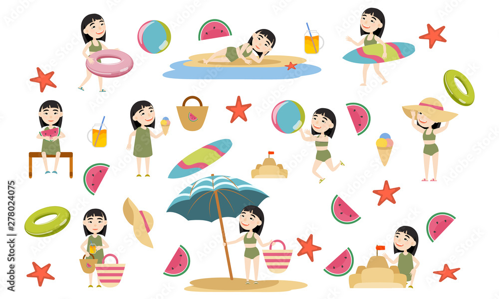 Set Asian girl in swimsuits on the beach. Summer holidays. Beach relax, games and surfing. Vector illustration Set Asian girl in swimsuits on the beach. Summer holidays. Beach relax, games and surfing. Vector illustration