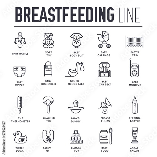 Set of thin line icons, logos about breastfeeding.