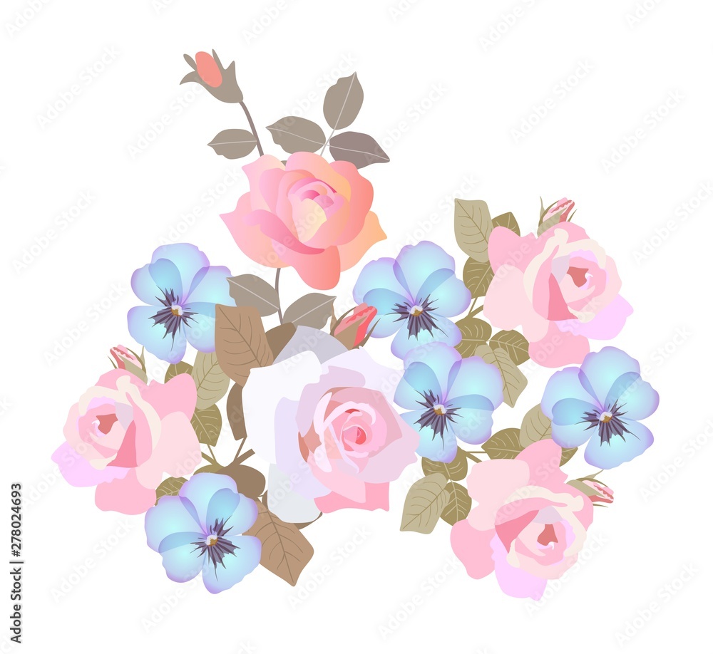 Beautiful bouquet of light pink roses and blue pansies isolated on white background. Design element.