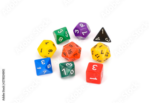 colorful multi sided role play game dice isolated white background