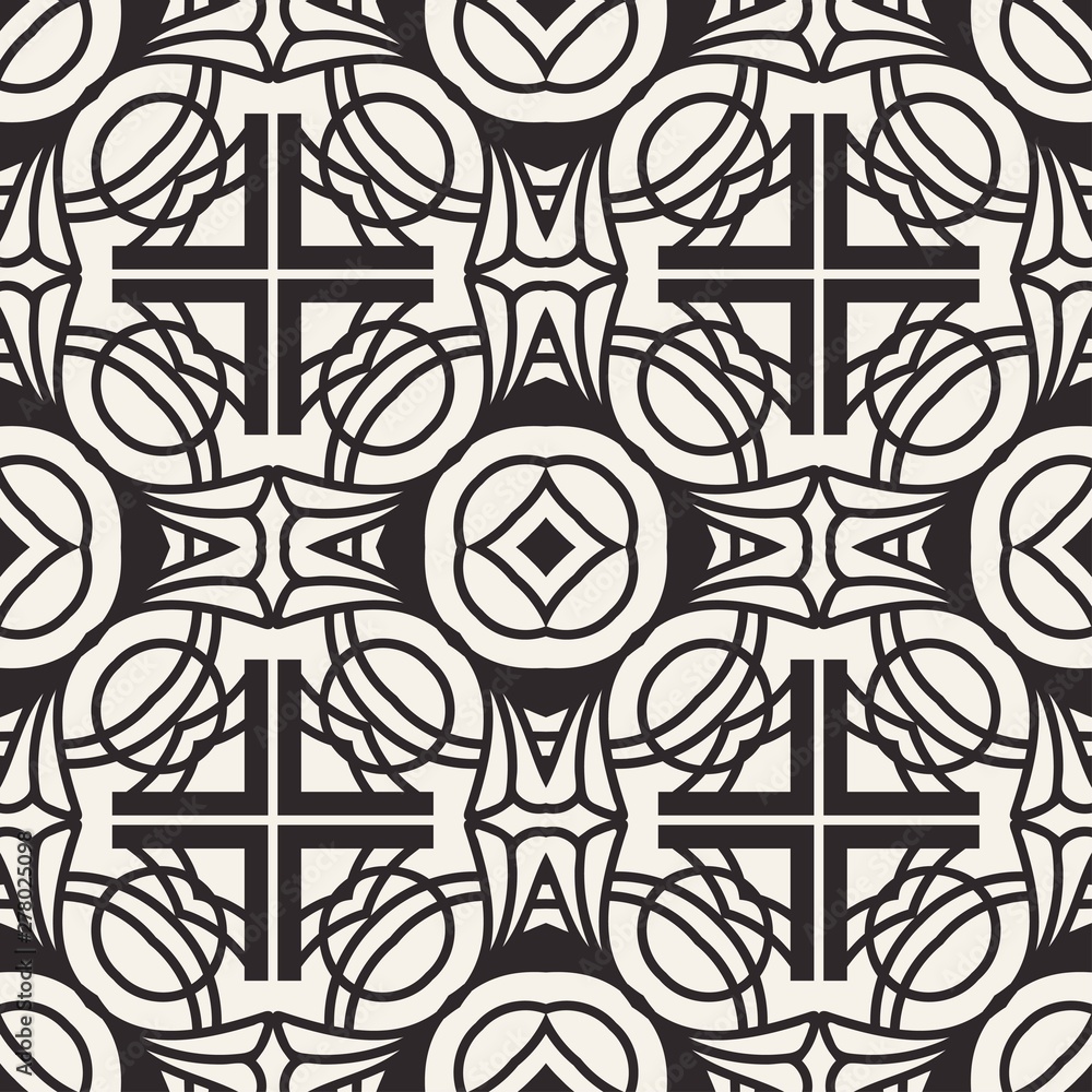 Seamless geometric pattern. Black and white ornamental background. Endless repeating ornate modern art deco texture for wallpaper, packaging, banners, invitations, business cards, fabric prints
