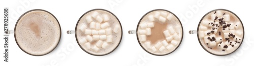 Set of hot cocoa in cup with marshmallows isolated on white background. Top view