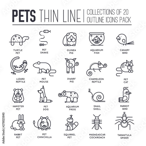 Set of adorable pets thin line icons, pictograms.