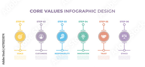 Modern design elements for Core Values concept Multicolor infographics.Timeline with 6 steps, options, Circles. Vector template