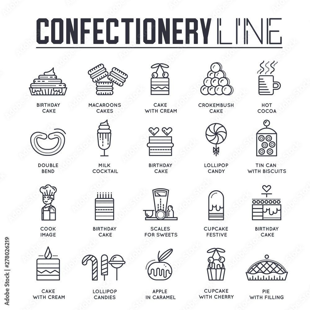 Set of confectionary thin line icons. pictograms.