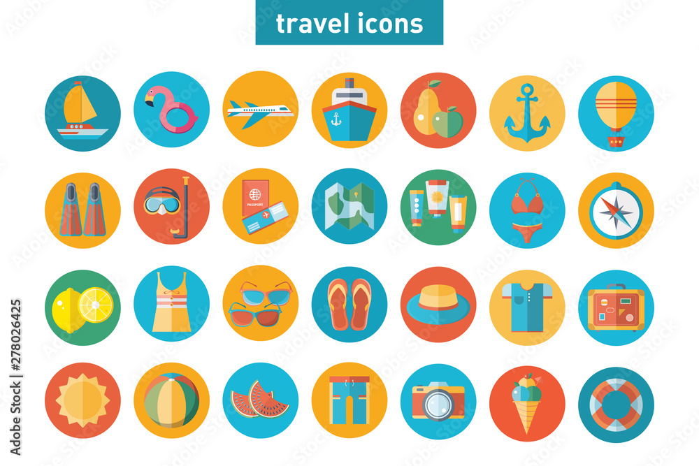 A large collection of modern flat icons on the theme of travel and recreation. Set for travel clothing, fruit, transport, food, beach. A large collection of modern flat icons on the theme of travel and recreation. Set for travel clothing, fruit, transport, food, beach.