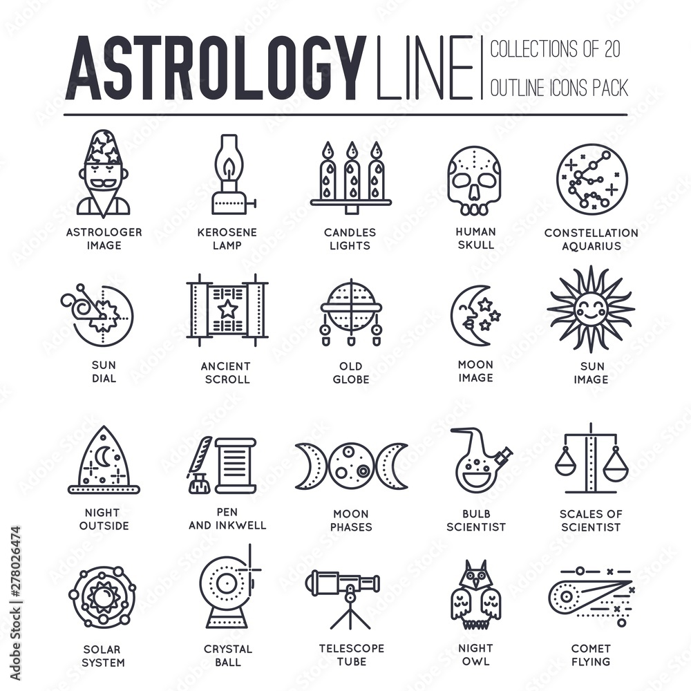 Set of astronomy and astrology thin line icons, pictograms.