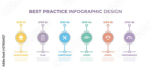 Modern design elements for Best Practice concept Multicolor infographics.Timeline with 6 steps, options, Circles. Vector template