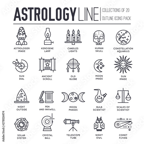 Set of astronomy and astrology thin line icons  pictograms.