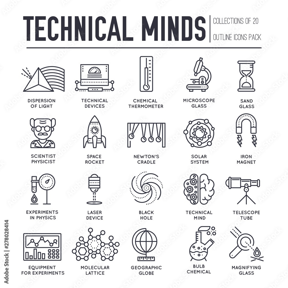 Set of technical minds thin line icons, pictograms.