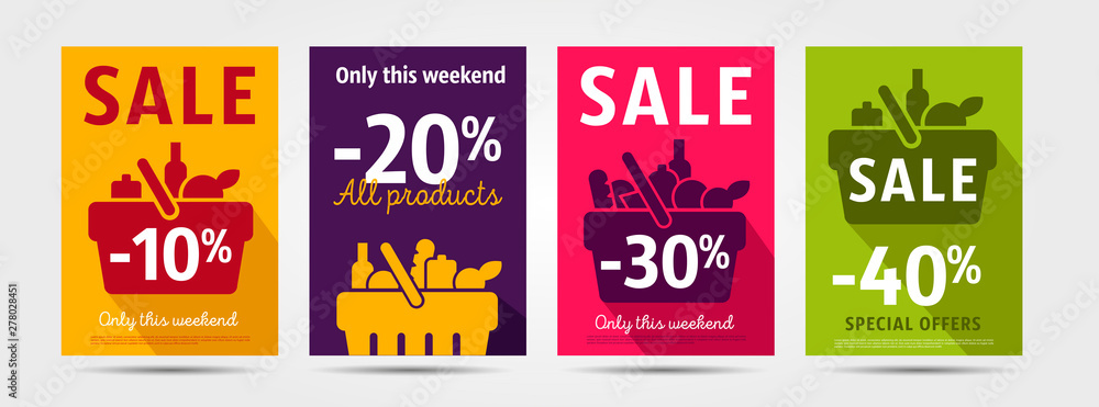 Φωτογραφία Set of poster for grocery store advertising events with shopping basket pictogra