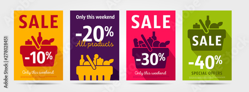 Set of poster for grocery store advertising events with shopping basket pictogram full of meal goods, simple mordern graphic leaflet with percentage discount up to 10, 20 and 30, 40 per cent