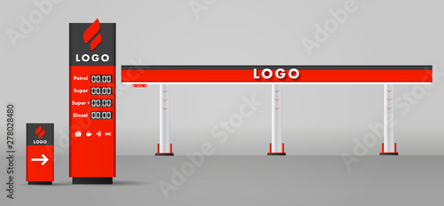 Detailed vector modern flat design illustration of the gas or petrol filling station. with road sign and prices stella