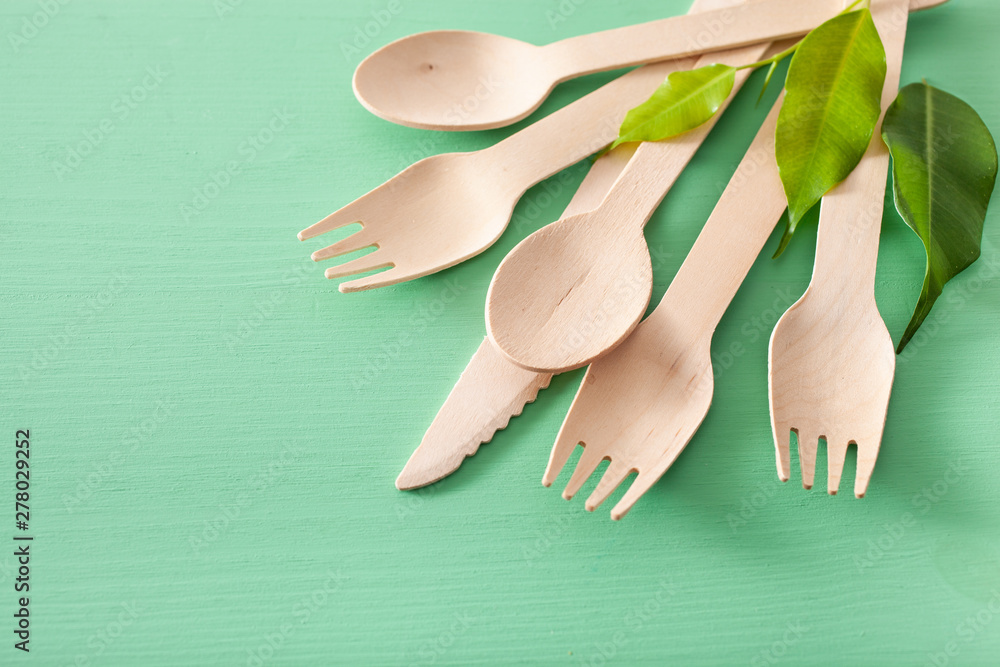 eco-friendly wooden cutlery. plastic free concept - obrazy, fototapety, plakaty 