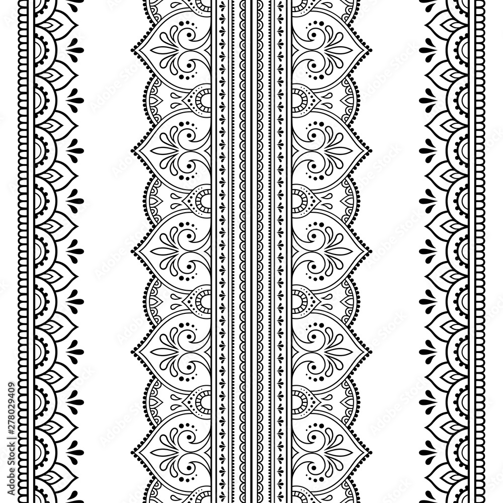 Fototapeta Seamless borders pattern for Mehndi, Henna drawing and tattoo. Decoration in ethnic oriental, Indian style. Doodle ornament. Outline hand draw vector illustration.