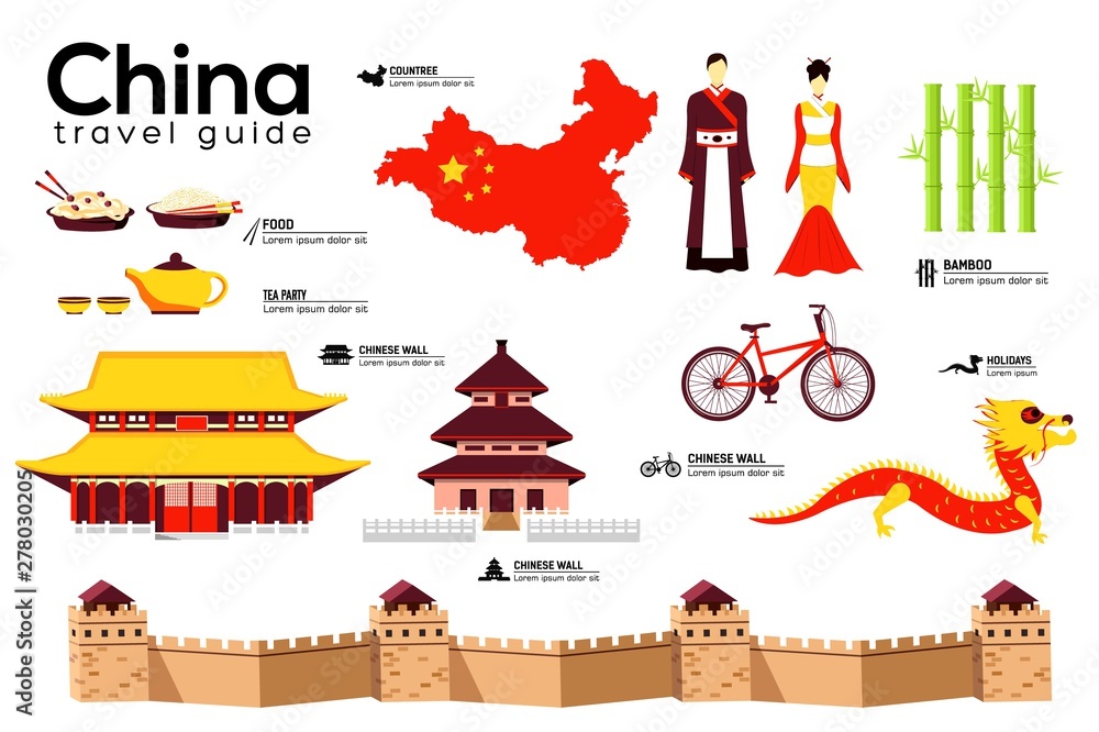 China travel guide template. Set of chinese landmarks.
