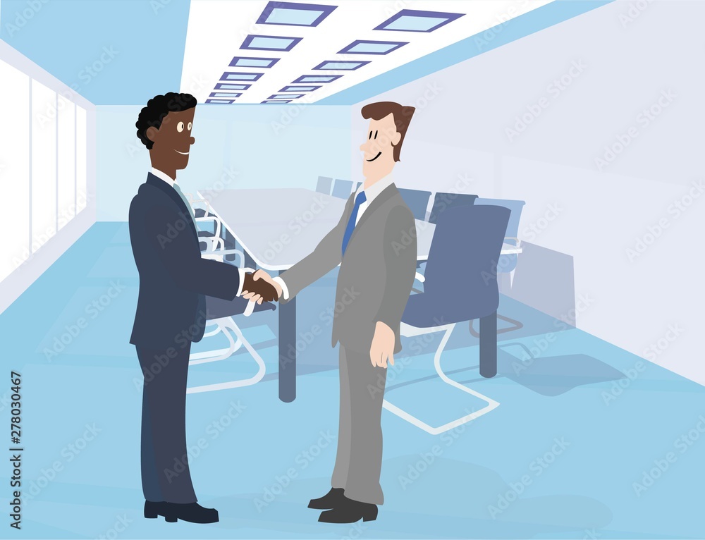 Two men of African and a European shaking hands with each other.Meeting room .Vector image. Two men of African and a European shaking hands with each other.Meeting room .Vector image.
