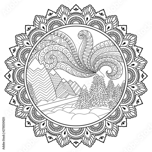 Doodle pattern in black and white. Winter Landscape - road, trees, mountains, polar lights, snow drifts - coloring book for children. Circular ornament in form of mandala.