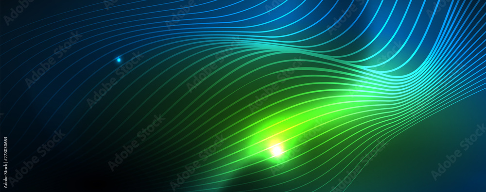 Smooth wave lines on blue neon color light background. Glowing abstract wave on dark, shiny motion, magic space light Smooth wave lines on blue neon color light background. Glowing abstract wave on dark, shiny motion, magic space light