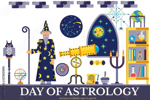 Senior astrologer with beard in hat standing in lab.